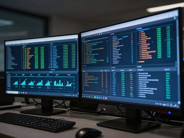 Wide-angle shot of a monitoring dashboard displayed across two large monitors in a dimly lit operations room, Kubernetes cluster metrics visible, cool blue light from screens, no people present
