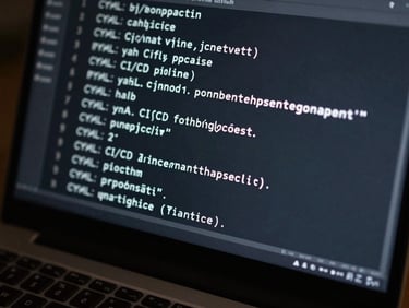 Close-up overhead of a terminal screen displaying a YAML CI/CD pipeline configuration, monospace text glowing white on dark background, single mechanical keyboard edge visible at bottom, cool studio lighting