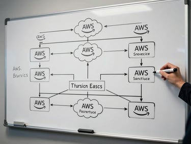 Wide shot of a whiteboard covered in cloud architecture diagram lines and AWS service labels, marker in hand partially visible at the right edge, cool even studio lighting, high contrast black on white