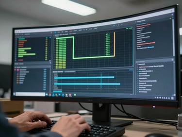 Close-up of a monitoring dashboard on a wide curved monitor, alert lines highlighted in the center, cool fluorescent office light from above, hands resting on keyboard in foreground, shallow depth of field