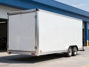 A clean, white enclosed vehicle transport trailer parked in a bright, modern loading bay with sharp reflections on its metallic surface.