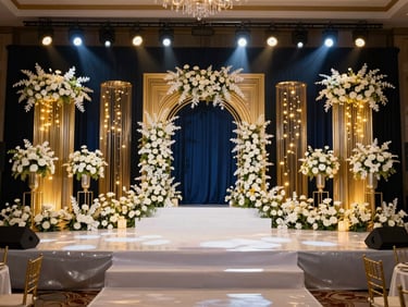 Elegant luxury wedding stage decoration with gold accents, white floral arrangements, and warm fairy lights, 35mm