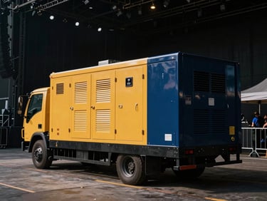 A professional heavy-duty silent generator truck parked discreetly behind a concert venue, clean technical setup