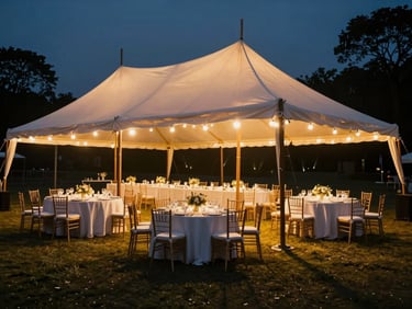 Elegant wedding tent illuminated at dusk with warm golden lights, premium outdoor corporate setup, high-contrast, professional, 35mm cinematic