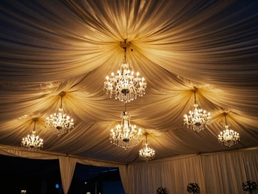 A grand wedding tent interior with draped premium white fabric, crystal chandeliers, and warm golden illumination