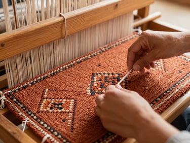 Close-up of hands weaving a traditional terracotta wool rug on a wooden loom, warm side-light