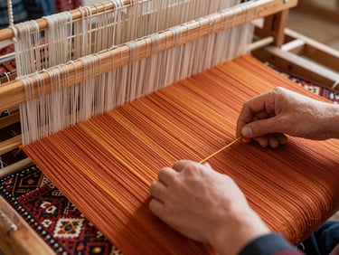 Intimate close-up of hands weaving a traditional Armenian rug on a wooden loom, vibrant terracotta and ochre threads, warm natural light