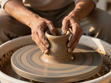 Artisan hands shaping a clay vessel on a potter wheel, soft golden-hour light, shallow depth of field