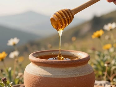 Golden honey dripping from a wooden dipper into a ceramic jar, soft morning light, wild mountain flowers blurred in the background