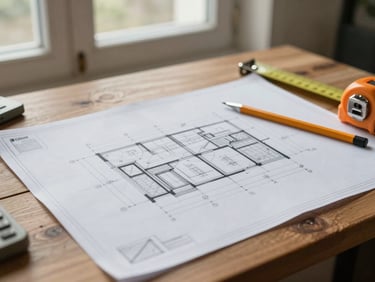 Close-up of technical architectural survey drawings spread on a wooden table, pencil and measuring tape beside them, soft overcast daylight from a nearby window, no people visible