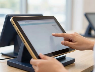 Close-up of hands configuring a modern retail POS billing system on a tablet, bright natural lighting, professional depth of field.