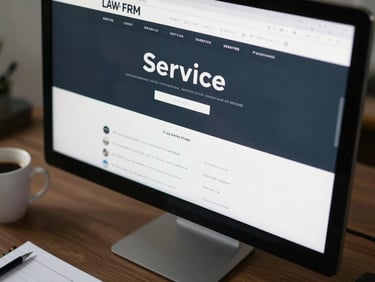 Close-up of a desktop monitor showing a law firm website with a structured service navigation, clean sans-serif typography and muted dark palette visible, desk surface with a coffee mug and legal notepad partially in frame, controlled cool office lighting