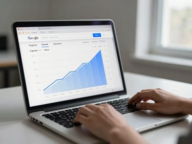Close-medium shot of a laptop on a plain desk, screen showing a Google Search Console performance dashboard with organic click and impression lines trending upward over six months, bright ambient daylight from a window to the right, hands partially visible resting on the keyboard, background softly out of focus