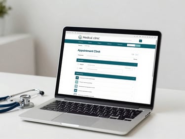 Medium shot of a laptop screen showing a medical clinic website with appointment booking flow visible, clean white and dark teal palette, placed on a clinical white desk with a stethoscope partially in frame, bright neutral overhead light