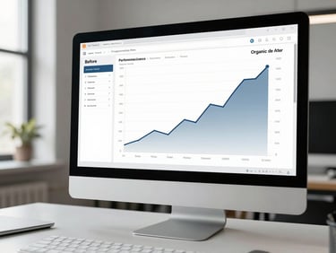 Wide shot of a desktop monitor on a clean desk displaying a before-and-after site performance comparison side by side, left half showing a low-traffic analytics chart in muted tones and right half showing a sharply rising organic traffic curve, bright ambient office daylight from a window to the left, medium framing with the screen filling most of the frame