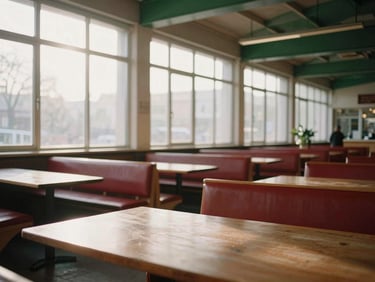 Wide environmental shot of an empty morning food market hall with soft natural daylight streaming through high windows, clean Scandinavian design, 35mm