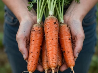 Close-up macro shot of hands holding raw, soil-dusted heirloom carrots in overcast morning daylight, earthy green and crimson tones, 35mm