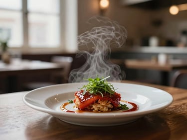 Close-up of steam rising from a freshly plated dish in a dimly lit, cozy Scandinavian-style restaurant kitchen, warm interior window light, shallow depth of field, 35mm