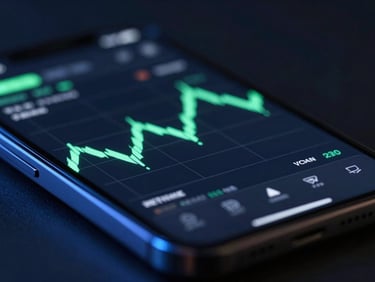 Macro shot of a smartphone displaying a dark-mode financial chart, neon green accents casting ambient light, sleek studio setup