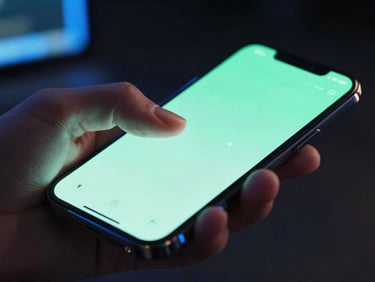 Macro close-up of a developer's hands testing a mobile app on an iPhone, glowing neon mint green light reflecting off the screen, dark studio environment, shallow depth of field.