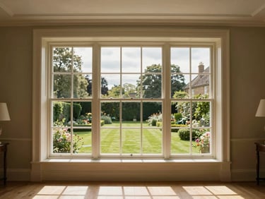 An elegant, sunlit interior of a premium Knutsford residence, high ceilings, classic sash windows looking out to manicured gardens