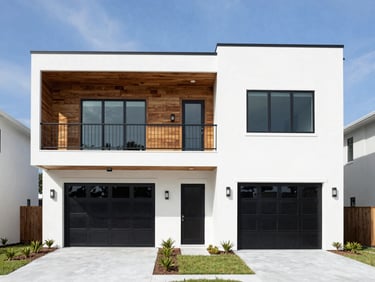 Crisp architectural photography of a modern two-story waterfront home in Tampa, white stucco, warm cedar cladding, wide-angle, bright daylight