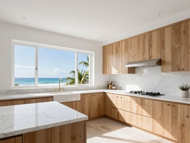 Interior shot of a modern coastal kitchen, natural Florida light pouring through high windows, white marble countertops, white oak cabinets