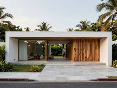 Straight-on elevation of a modern tropical home under soft golden hour light, lush minimalist landscaping, concrete and brass details