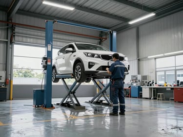 Wide environmental shot of a KIA service bay with a vehicle on a lift and a technician in uniform performing a diagnostic inspection, clean workshop floor, clear sightlines, overcast industrial lighting