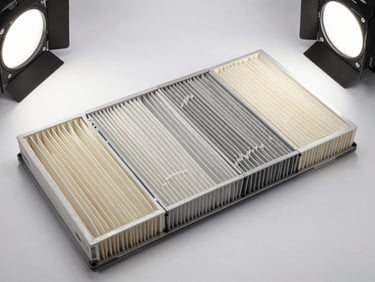 Row of KIA OEM oil and cabin air filters laid flat on a white surface, overhead studio lighting, clean grid arrangement, product barcodes visible