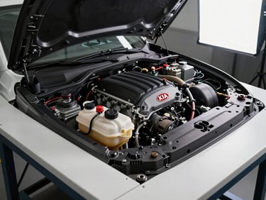 Wide shot of a KIA engine bay with oil filter and fluid caps clearly visible on a white workshop table under controlled studio strobe lighting, no people