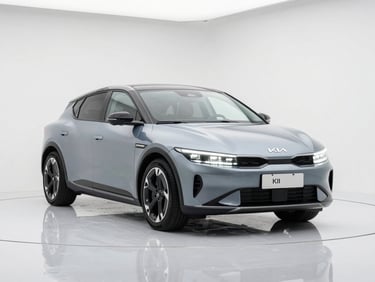 KIA EV6 electric vehicle three-quarter front view in clean white studio, illuminated LED light bar prominent, no background, sharp paint reflection on floor