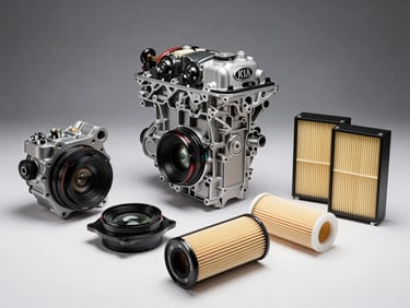 Tight product shot of KIA original engine components and filters arranged on a white surface under studio strobe light, precise and clinical composition, no hands or people