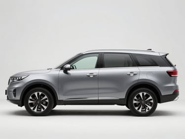 KIA Telluride large pickup-style SUV side profile under controlled studio strobes, chrome details sharp, white background, no people
