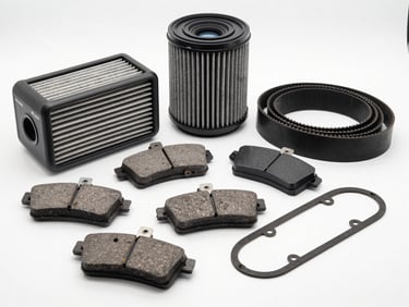 Original KIA spare parts arranged on a clean white surface — brake pads, air filter, belts and gaskets — sharp product photography under studio strobe, no labels visible