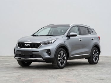 KIA Sportage SUV in three-quarter front view on a clean concrete surface under overcast studio daylight, bold wheel arches sharp, neutral grey background
