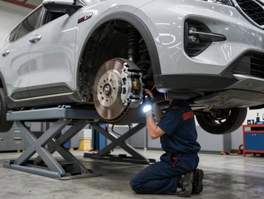 KIA vehicle on a hydraulic lift in a service bay, technician inspecting brake caliper with flashlight from below, clean concrete floor, overhead fluorescent lighting, technical framing