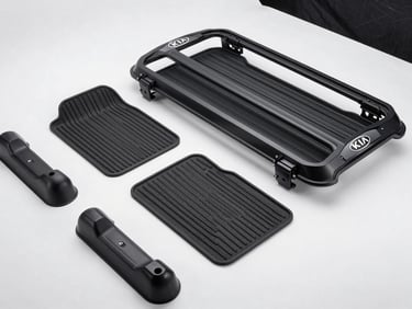 KIA genuine accessories — floor mats, cargo tray, and roof rack components arranged on a white studio surface under diffused strobe lighting, product codes visible on packaging