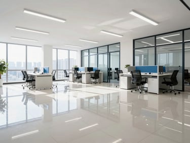 Wide corporate office floor with sparkling clean, high-gloss polished tiles reflecting clean office furniture, bright natural daylight
