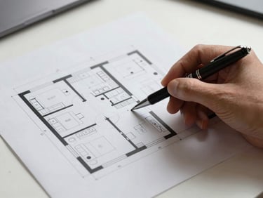 Close-up overhead flat-lay of a property survey document and floor plan on a white desk, a hand holding a technical pen pointing at a structural detail, neutral studio lighting, no faces visible