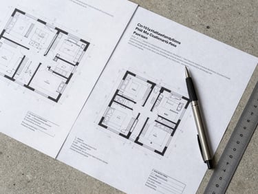 Close-up overhead flat-lay of architectural floor plans and legal property documents spread on a concrete surface, a technical pen and site survey ruler visible, neutral studio lighting, no people, clinical framing