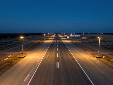 Aerial view at dusk of a regional airport runway extending toward the horizon across an arid landscape, warm ground lighting flanking the tarmac, deep blue sky above, no people