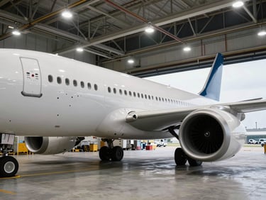 Wide shot of commercial aircraft parked in a maintenance hangar, overhead industrial lighting illuminating fuselage panels and engine nacelles, no technicians visible, focus on scale and structure