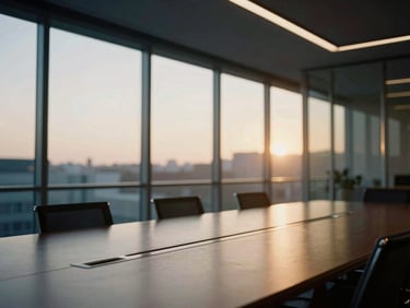 Wide environmental shot of a modern corporate boardroom with glass walls at sunset, warm natural light, shallow depth of field.