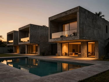 Dramatic wide shot of a brutalist concrete estate at twilight, warm interior lights reflecting on a minimalist pool, 35mm