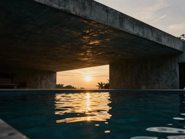 Low-angle shot of a cantilevered concrete roof projecting over a dark swimming pool, golden reflection of the sunset on water, high contrast