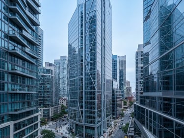 Bright architectural lines of a modern financial district, soft diffused daylight, cool blue tones, 50mm