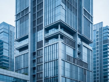 Bright architectural details of a modern financial district in Mumbai, clean lines, soft diffused daylight, cool blue tones, 50mm