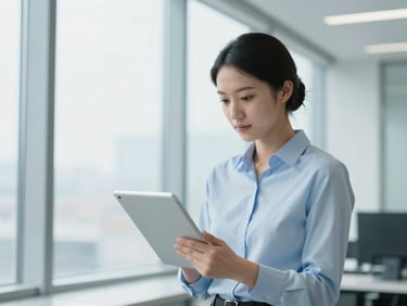 Candid portrait of a focused professional looking at a tablet in a bright modern office, natural daylight, cool blue tones, 50mm