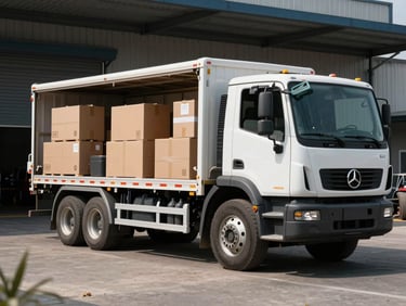 Camion de débarras garé devant un local en cours de vidage, cartons et équipements de manutention bien rangés